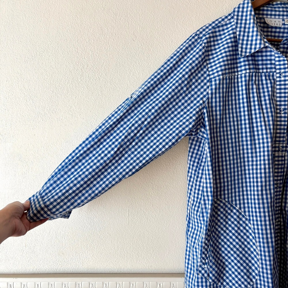 Joan Rivers Cotton Poplin Gingham Button Up Tunic Top Size 1X Blue White Pockets - Picture 12 of 12